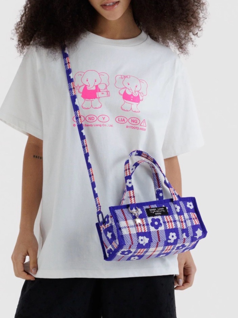 Sandy Liang x Baggu mini nylon market bag plaid blue Chinatown immigrant style